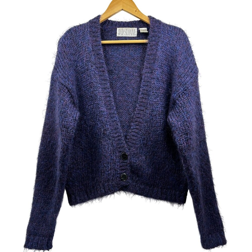 DD Sloane Sweater Medium Mohair Wool Blend Cardigan Purple Blue Fuzzy Knit Vtg